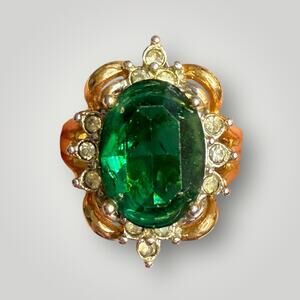 Vintage LIND 14K HGE Green Emerald Glass Cocktail Statement Ring Size 6,5